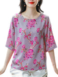Female Elegant Summer Floral Print O-Neck Half Sleeve Shirt