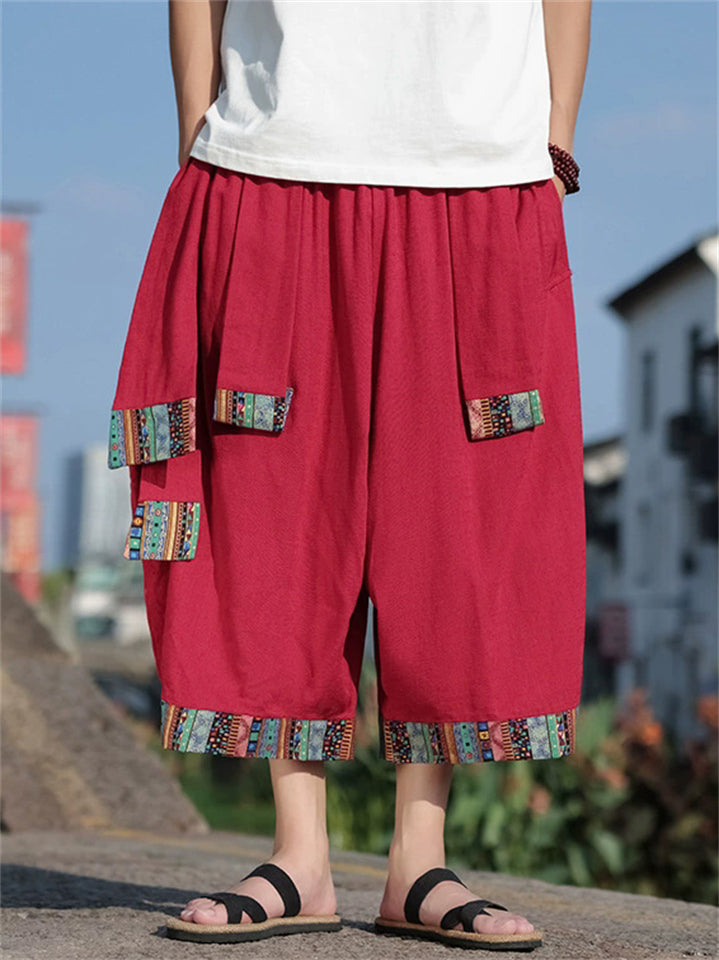 Men's Chinese Ethnic Style Patchwork Baggy Wide Leg Shorts