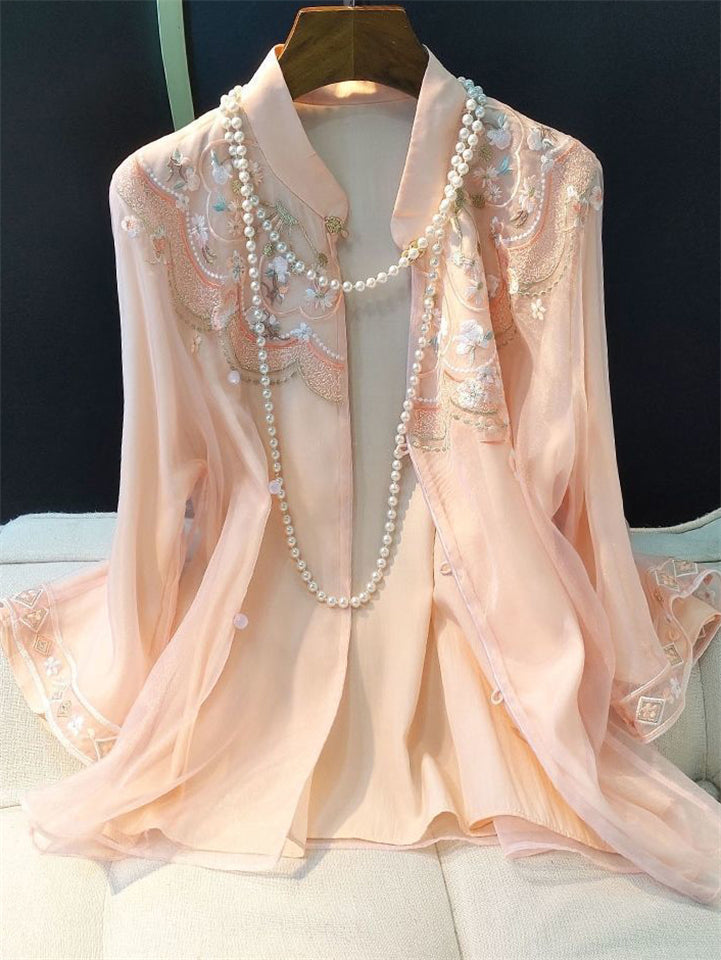 Retro Pink Floral embroidery Tang Suit Top For Women