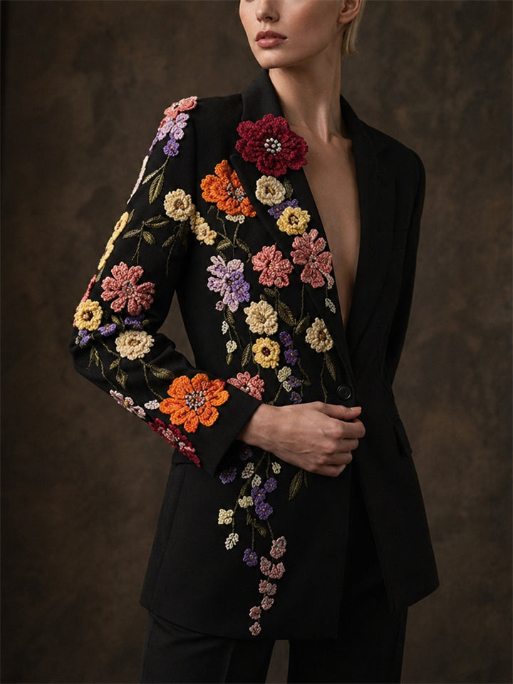 Women's Stylish 3D Floral Crochet Embroidered Black Blazer