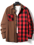 Men's Trendy Corduroy Plaid Patchwork Lapel Long Sleeve Shirt
