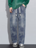 Men's Retro Casual Loose Straight Plaid Denim Pants for Spring Autumn