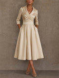 Women Elegant Satin Wrap V Neck High Waisted A Line Midi Dress