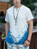 Men's Summer Blue Tie-dye V Neck Short Sleeve T Shirt