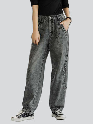Trend Wavy Line Embroideried Grey Harem Jeans for Women