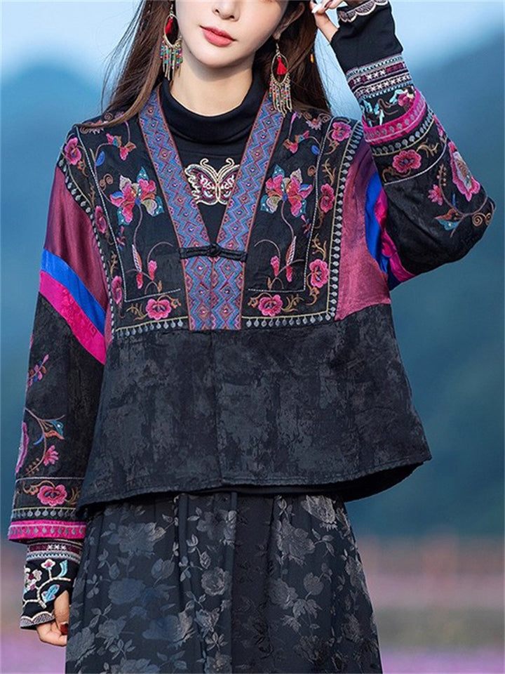 Women's Ethnic Style Embroidered Patchwork Black Cardigan Jackets