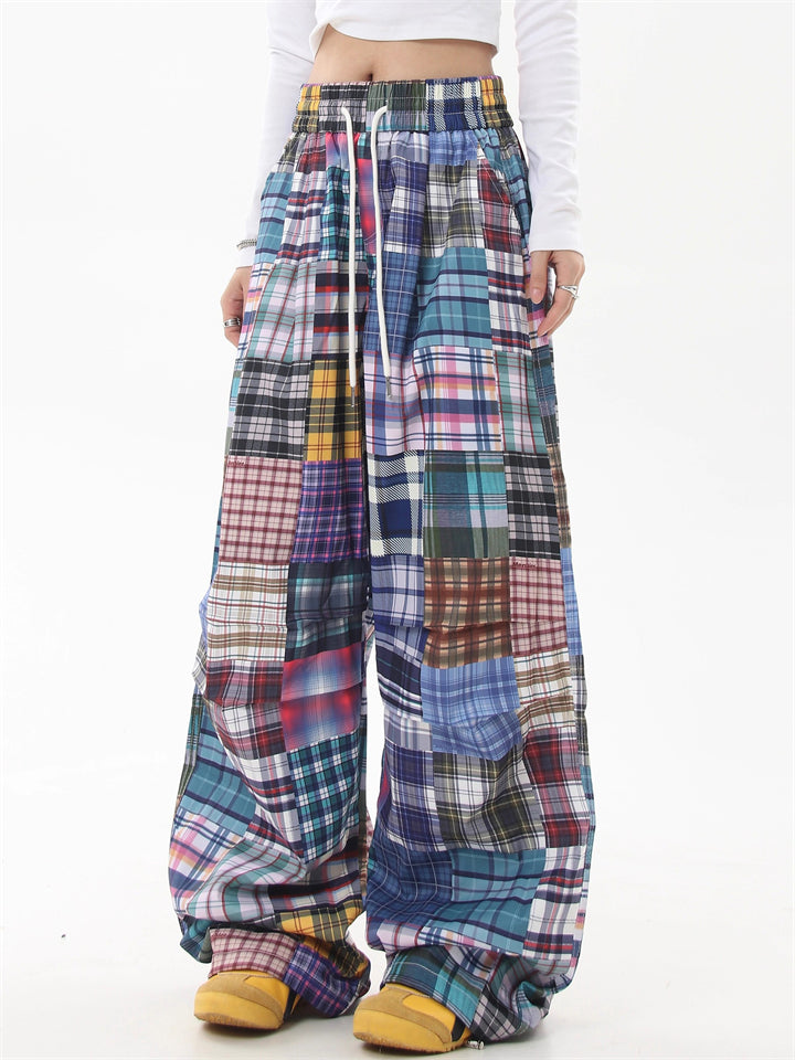 Women's Retro Lazy Style Patchwork Plaid Wide Leg Pants