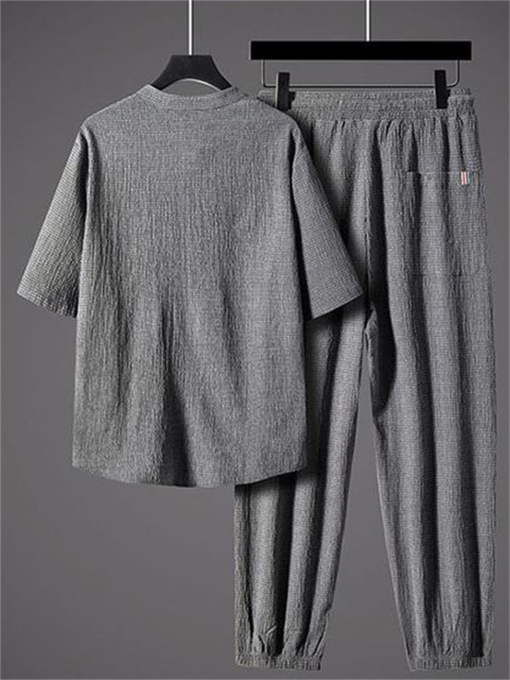 Men's 2Pcs Summer Comfy Frog Button V Neck Solid Color Outfits