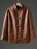 Men's Chinese Style Faux Leather Loose Fit Mandarin Collar Jackets