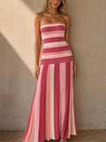 Women Stylish Color Block Striped Strapless Tube Maxi Dress