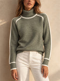 Women Turtleneck Knit Contrast Trim Long Sleeve Pullover Sweater