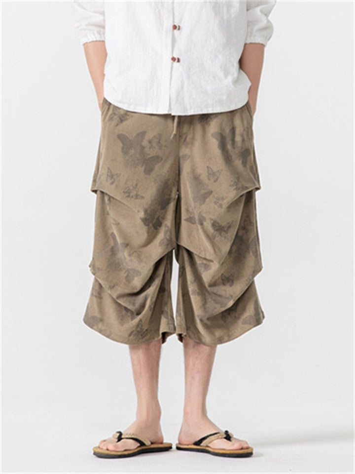 Men's Summer Comfy Hanfu Pleated Print Casual Capri Pants