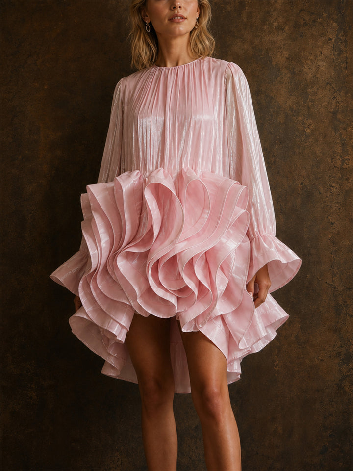 Women Pink Shiny Tiered Ruffle Long Sleeve Party Mini Dress