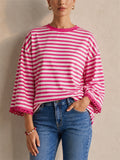 Womens Striped Oversized Long Sleeve Scallop Trim Top