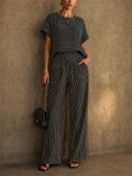 Womens Striped 2 Piece Matching Short Sleeve Wide Leg Pants Set