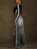 Women Mid-Waist Patchwork Distressed Baggy Wide Leg Denim Jeans