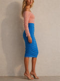 Women Ruched Mesh Off Shoulder Color Block Party Midi Dress