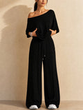 Womens Casual Two Piece Off Shoulder Top and Wide Leg Pants Set
