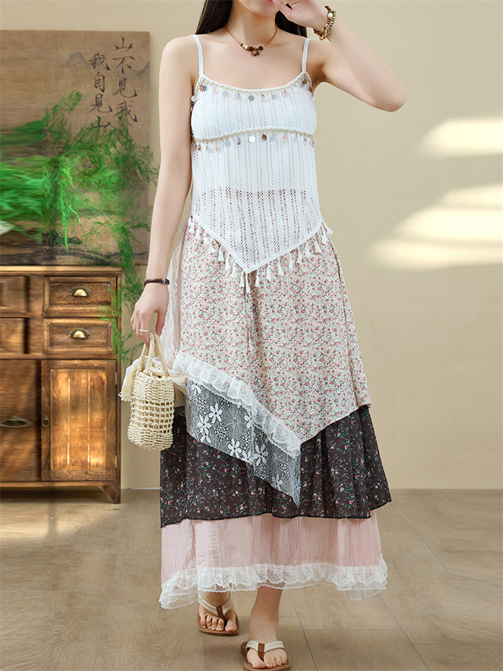 Women's White Sequin Fringe Strap Top & Patchwork Asymmetric Skirt Set