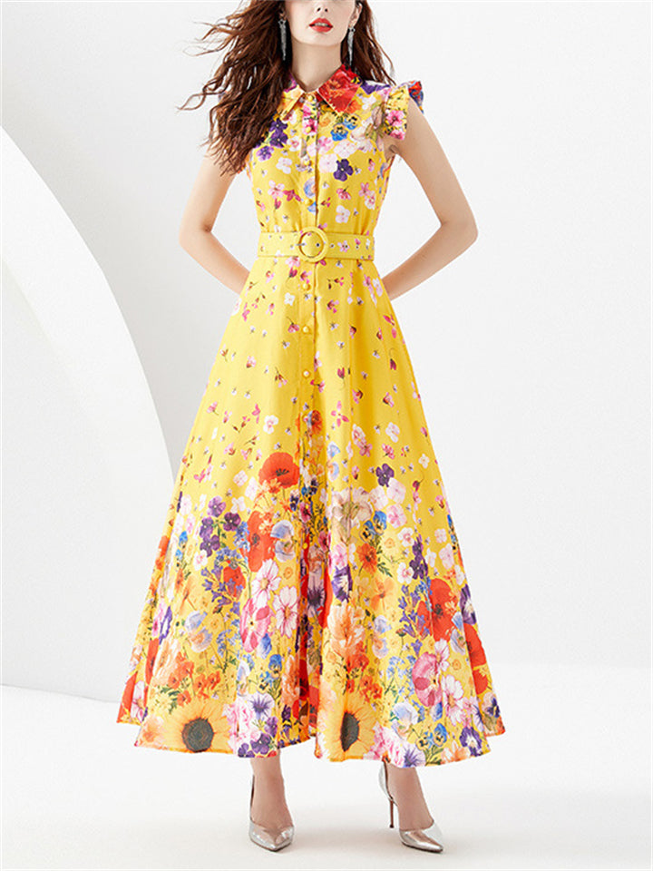 Women's Sleeveless Lapel Collar Floral Maxi Dress for Summer