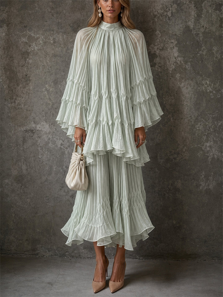 Womens Elegant High Neck Pleated Flare Sleeve Top and Tiered Maxi Skirt Set