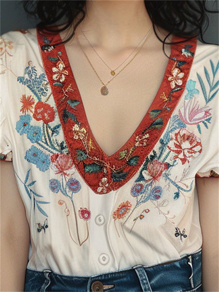 Women's V-Neck Floral Embroidery Puff Short Sleeve Shirt