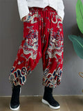 Thicken Men's Chinese Loong Print Elastic Waist Drop Crotch Pants