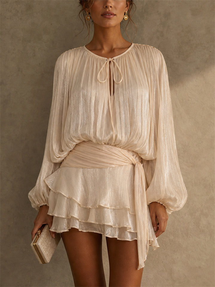 Women's Sweet Style Metallic Pleated Tiered Ruffle Mini Dress