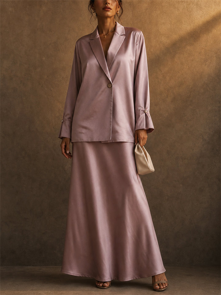 Women 2 Piece Pink Formal Satin Blazer and Maxi Skirt Set