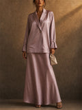 Women 2 Piece Pink Formal Satin Blazer and Maxi Skirt Set