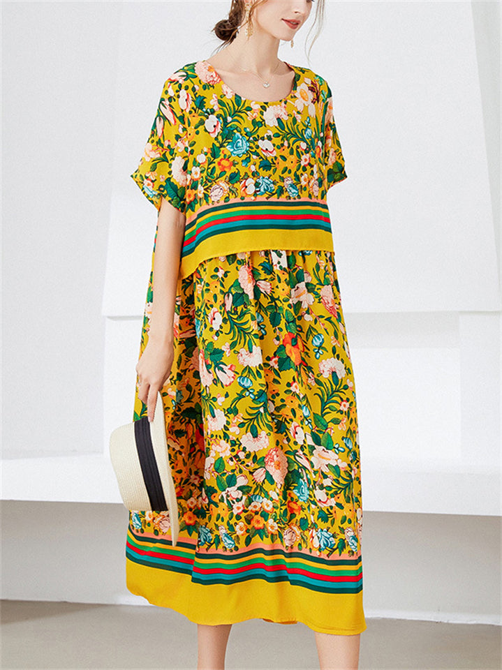 Summer Yellow Round Neck Floral Print Dress for Women