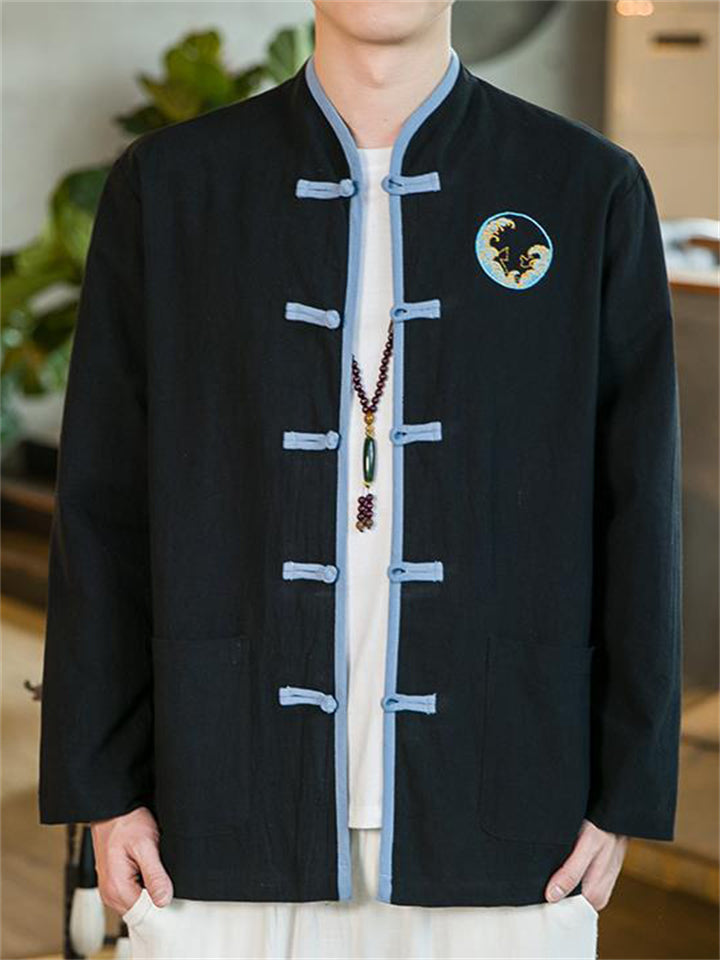 Men's Chinese Style Cotton Linen Contrast Color Tang Suit Jacket