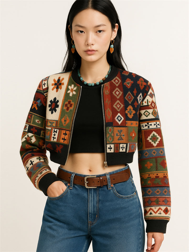 Vintage Ethnic Style Jacquard Knit Round Neck Crop Length Jackets