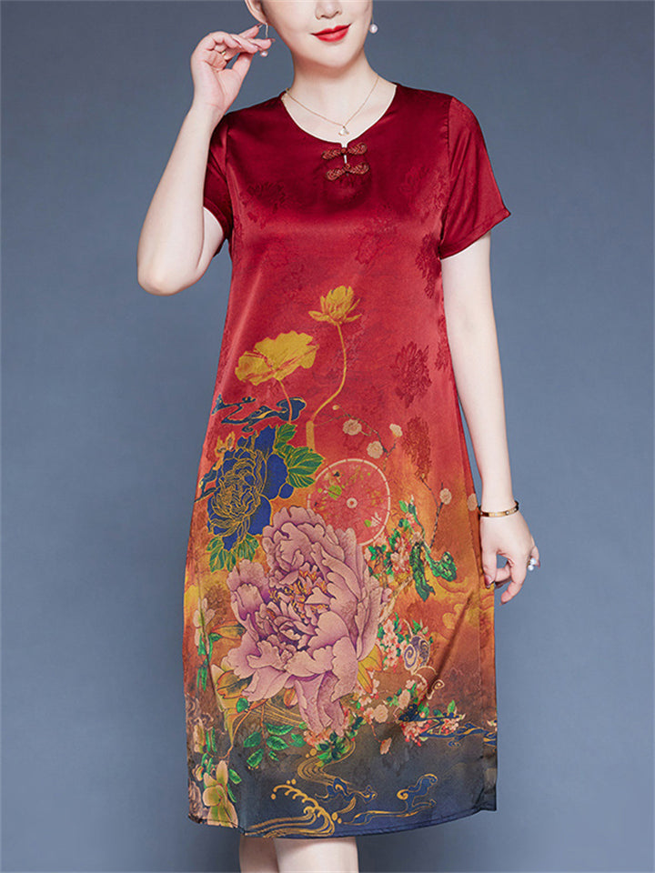 Women's Floral Print O-neck Frog Buttons Short Sleeve Satin Dress