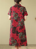 Women's Retro Flowers Print Red  A-Line Cheongsam Dress