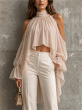 Women Chiffon High Neck Cold Shoulder High Low Blouse Top