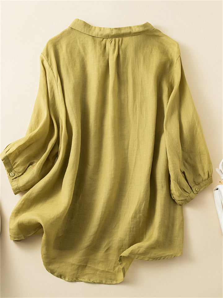 Women's Summer Casual Solid Color Embroidery Half Sleeve Shirt