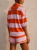 Womens Striped Quarter Zip Polo Shorts 2 Piece Lounge Set
