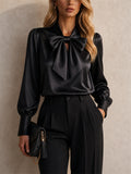 Women Elegant Satin Bow Tie Blouse Puff Sleeve Top
