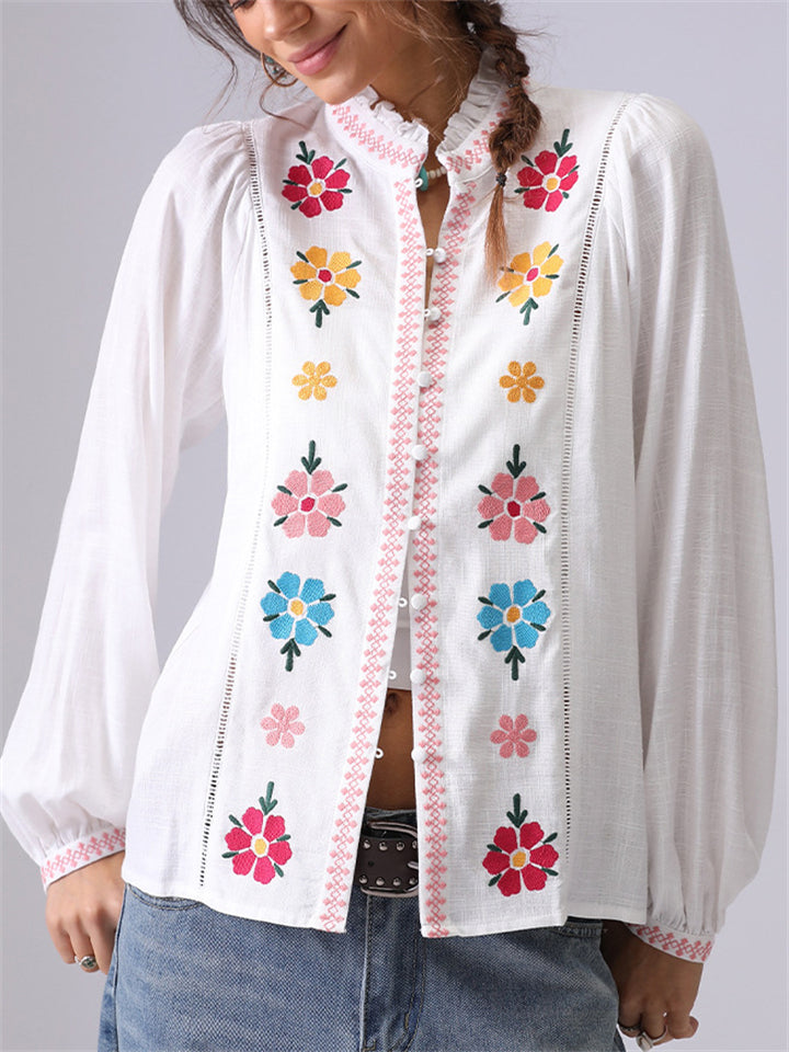 Women's Flowers Embroidery Stand Collar Long Sleeve Shirts