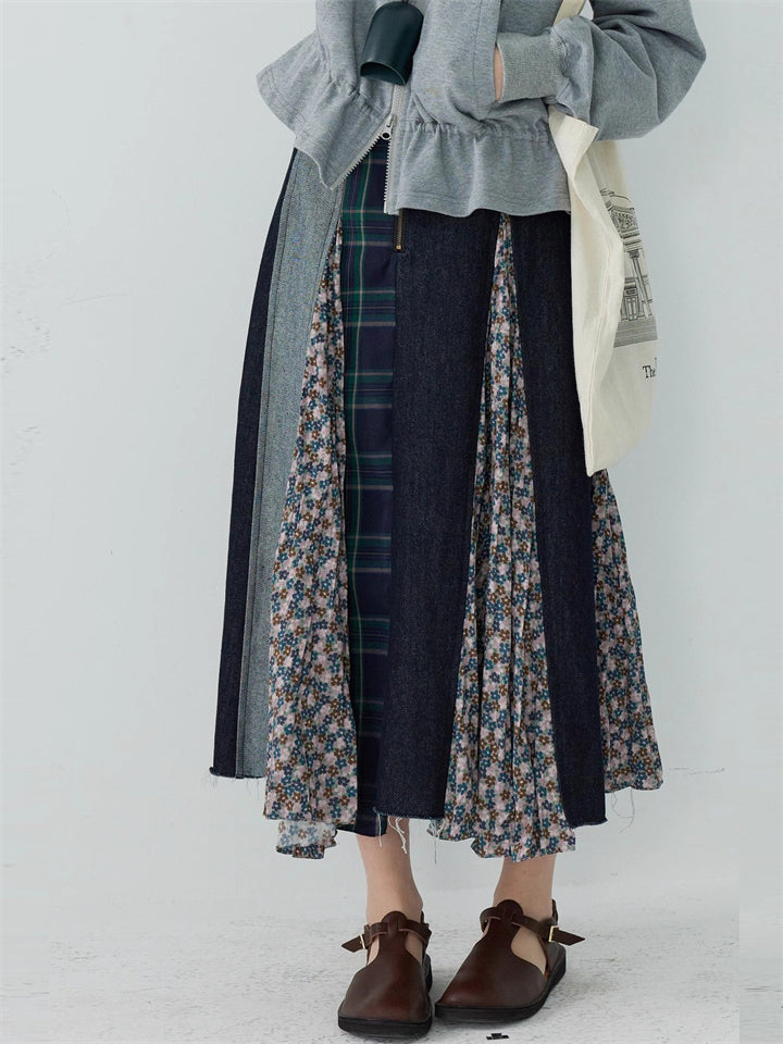 Japanese Style A-Line Patchwork Denim Skirts for Women