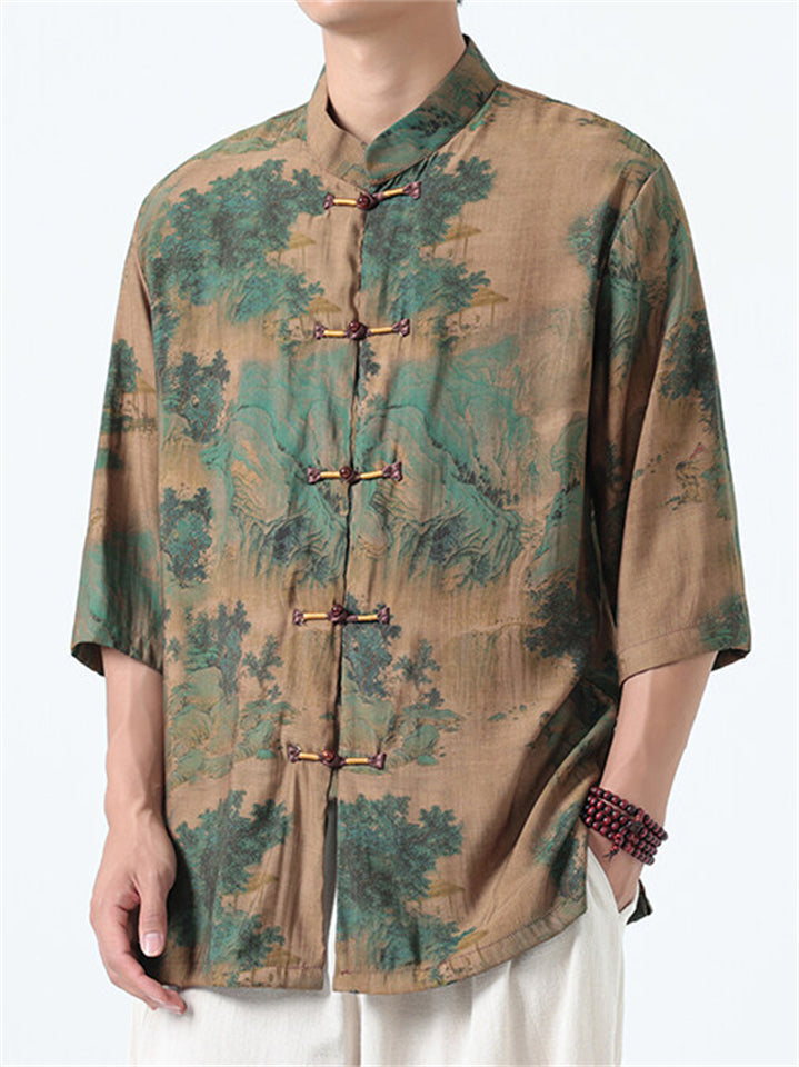 Men's Casual Chinese Style Print Half Sleeve TangSuit Shirt