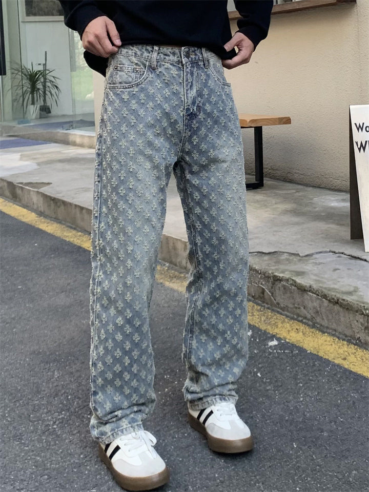 Men's American Style Vintage Jacquard Regular Fit Straight Leg Jeans