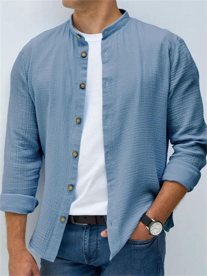Men's Solid Color Texture Long Sleeve Stand Collar Shirts