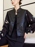 Women's Black PU Leather Patchwork Stand Collar Jackets