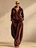 Women Velvet Two Piece Zip Up Top Wide Leg Pants Tracksuit