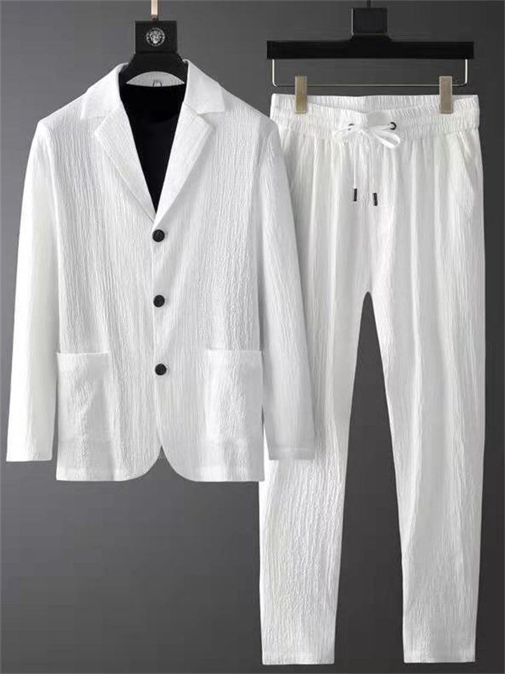 Men's 2Pcs Korean Style Texture Single Breasted Pockets Solid Color Outfits