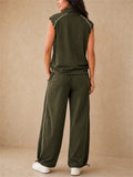 Women Olive Half Zip Sleeveless Top and Wide Leg Cargo Pants Set
