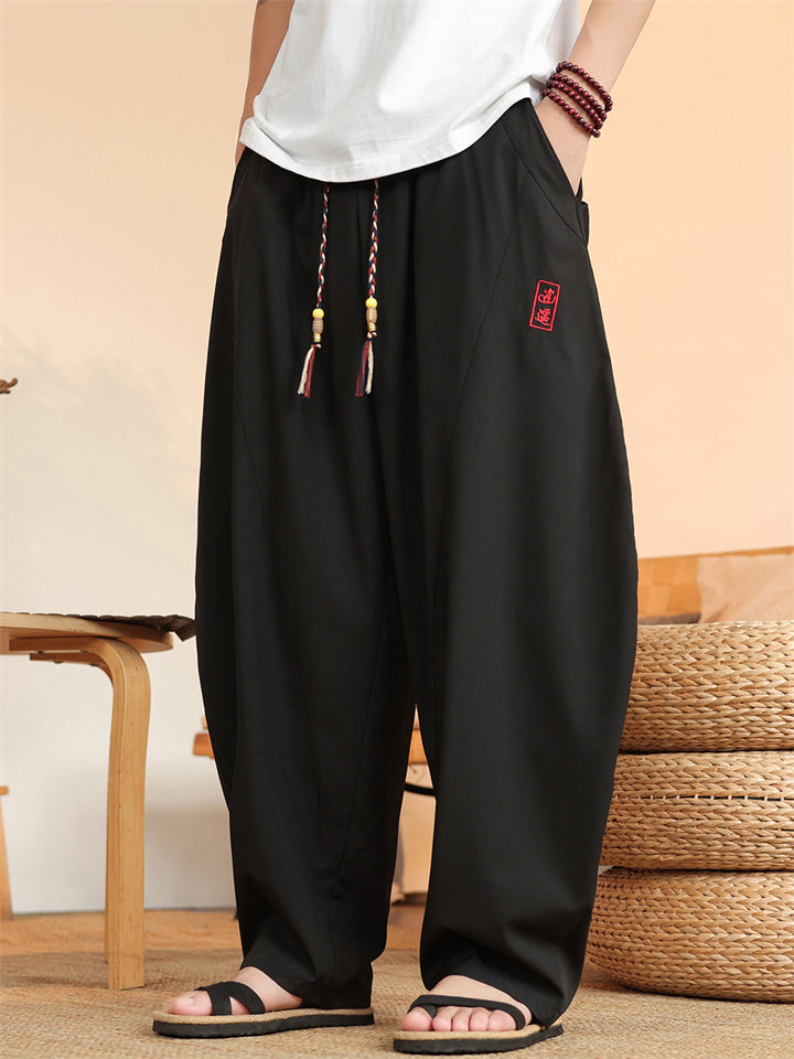 Men's Summer Solid Color Cool Hanzi Embroidery Wide Leg Pants