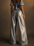 Womens Metallic Drawstring High Waist Wide Leg Shiny Party Pants